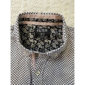 Geometric Floral Button Down Shirt Contrast Paisley Detail Large Filter